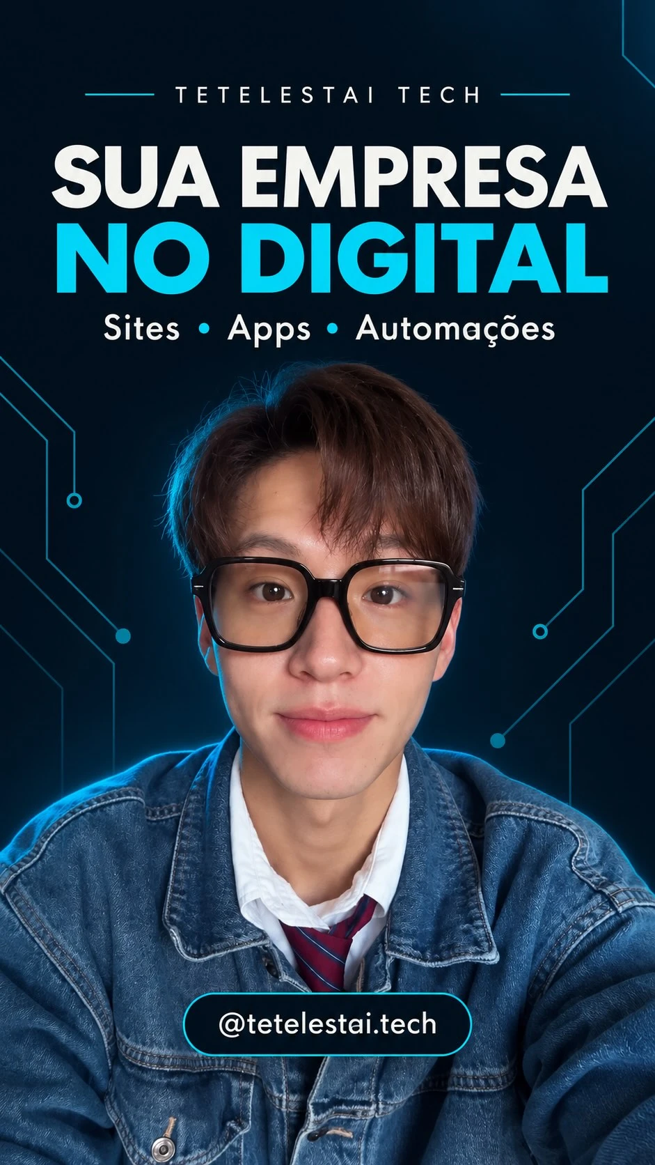 Capa autoral: Sua empresa no digital, com apresentador virtual, identidade TETELESTAI e perfil @tetelestai.tech.